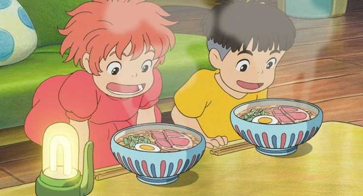 Ponyo and Sosuke looking at their instant ramen. Image courtesy of Anime Culinary Wiki.